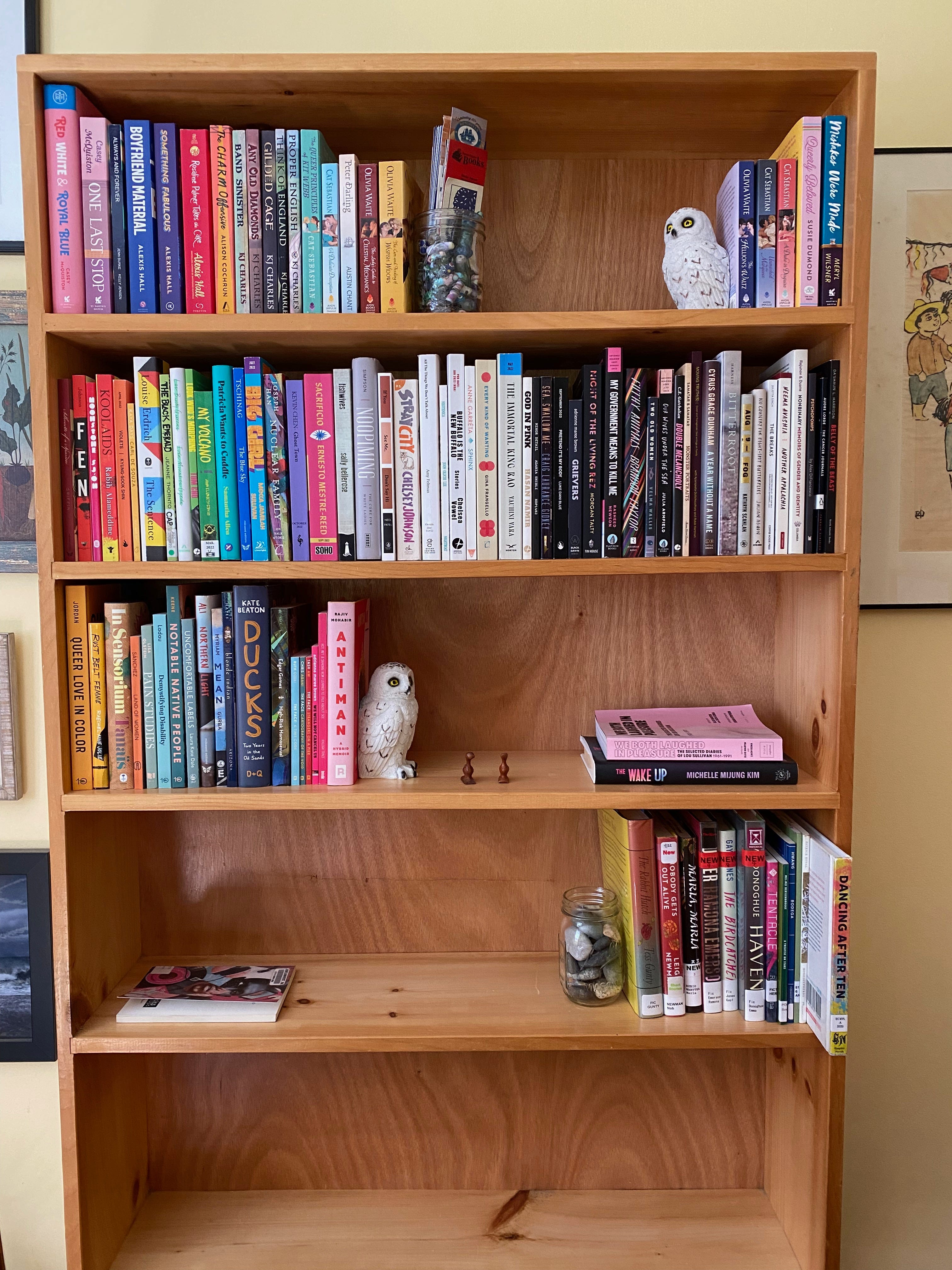 A tall wooden shelf partially filled with colorful books.