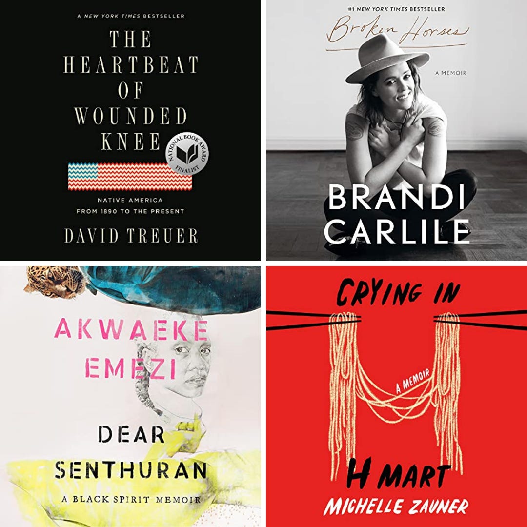 A collage of four audiobook covers: The Heartbeat of Wounded Knee, Broken Horses, Dear Senthuran, and Crying in H Mart.