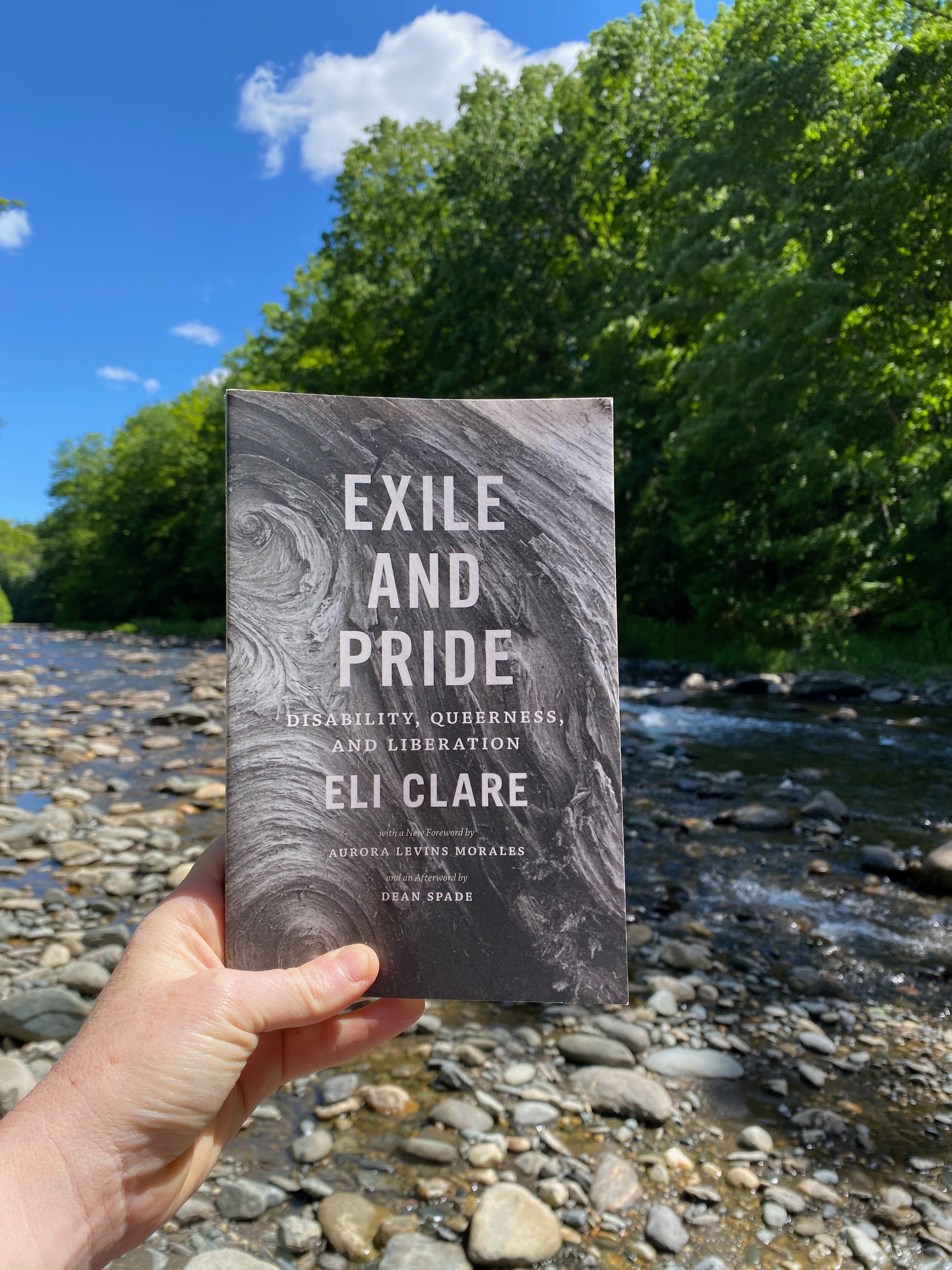 My hand holding a copy of Exile & Pride by Eli Clare in front of a river. The river is wide, shallow and rocky. Green trees lining one bank are visible beneath a bright blue sky studded with clouds.