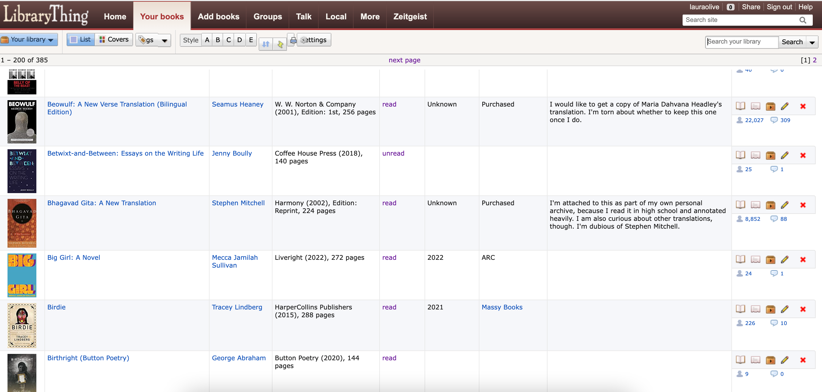 Screenshot of my Library Thing catalog, showing a list of books, along with where and when I got them, whether I’ve read them or not, and the publication date and publisher.
