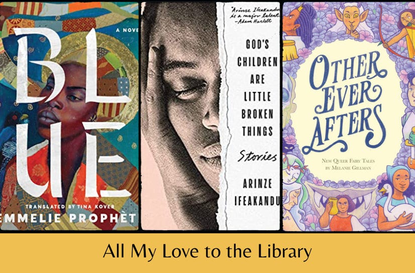 Small images of the three listed books above the text ‘All My Love to the Library’ on a yellow background.