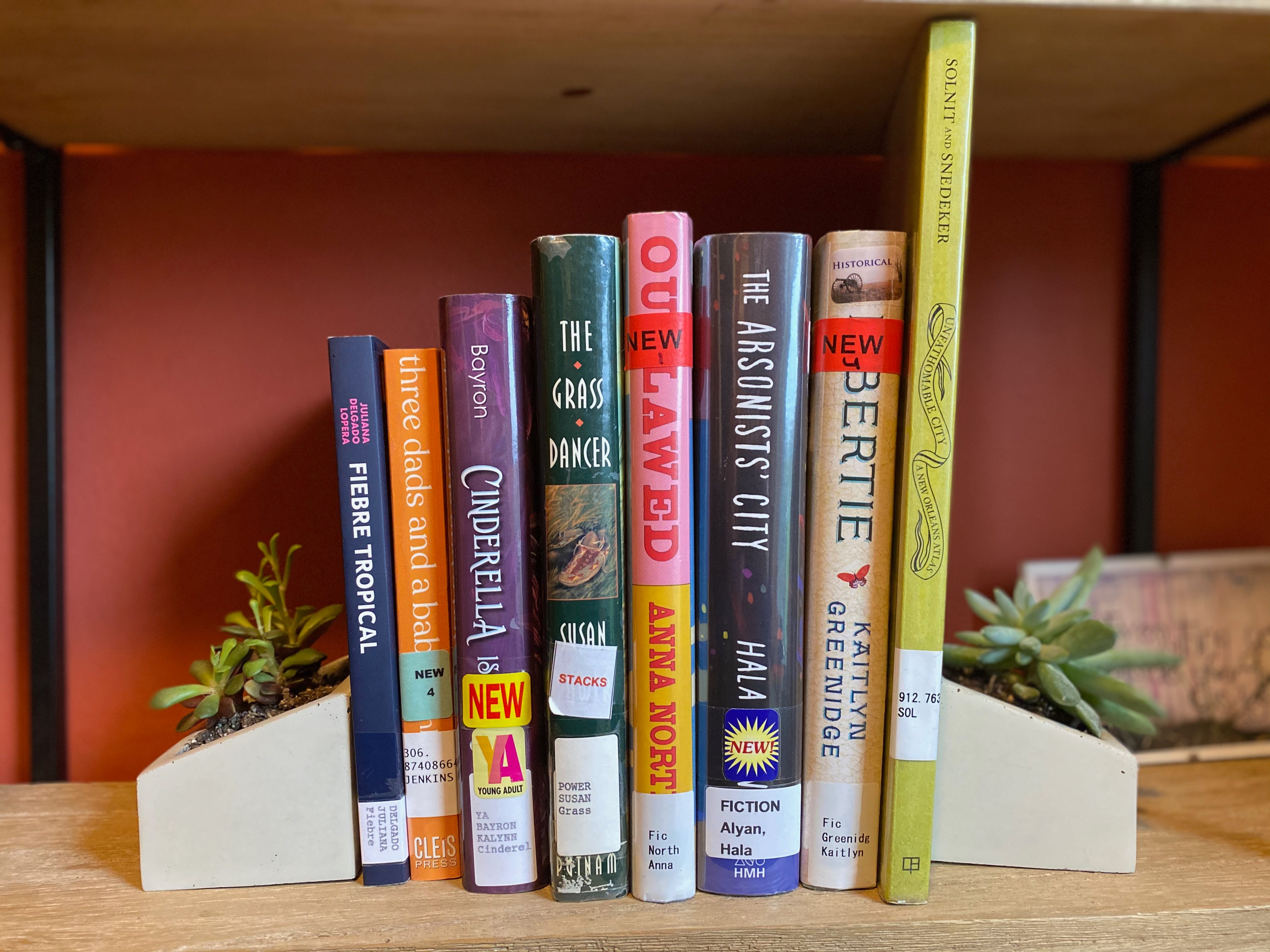 A shelf of library books between two succulent planter bookends. The books are:&nbsp;Fiebre Tropical, Three Dads and a Baby, Cinderella is Dead, The Grass Dancer, Outlawed, The Arsonists’ City, Libertie, and Unfathomable City.