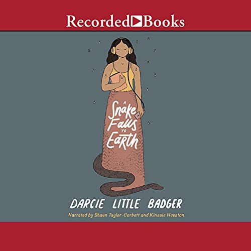 The audiobook cover of A Snake Falls to Earth. A woman with black hair and headphones on holds a book in one hand and a phone in the other. A snake curls around the bottom of her skirt.