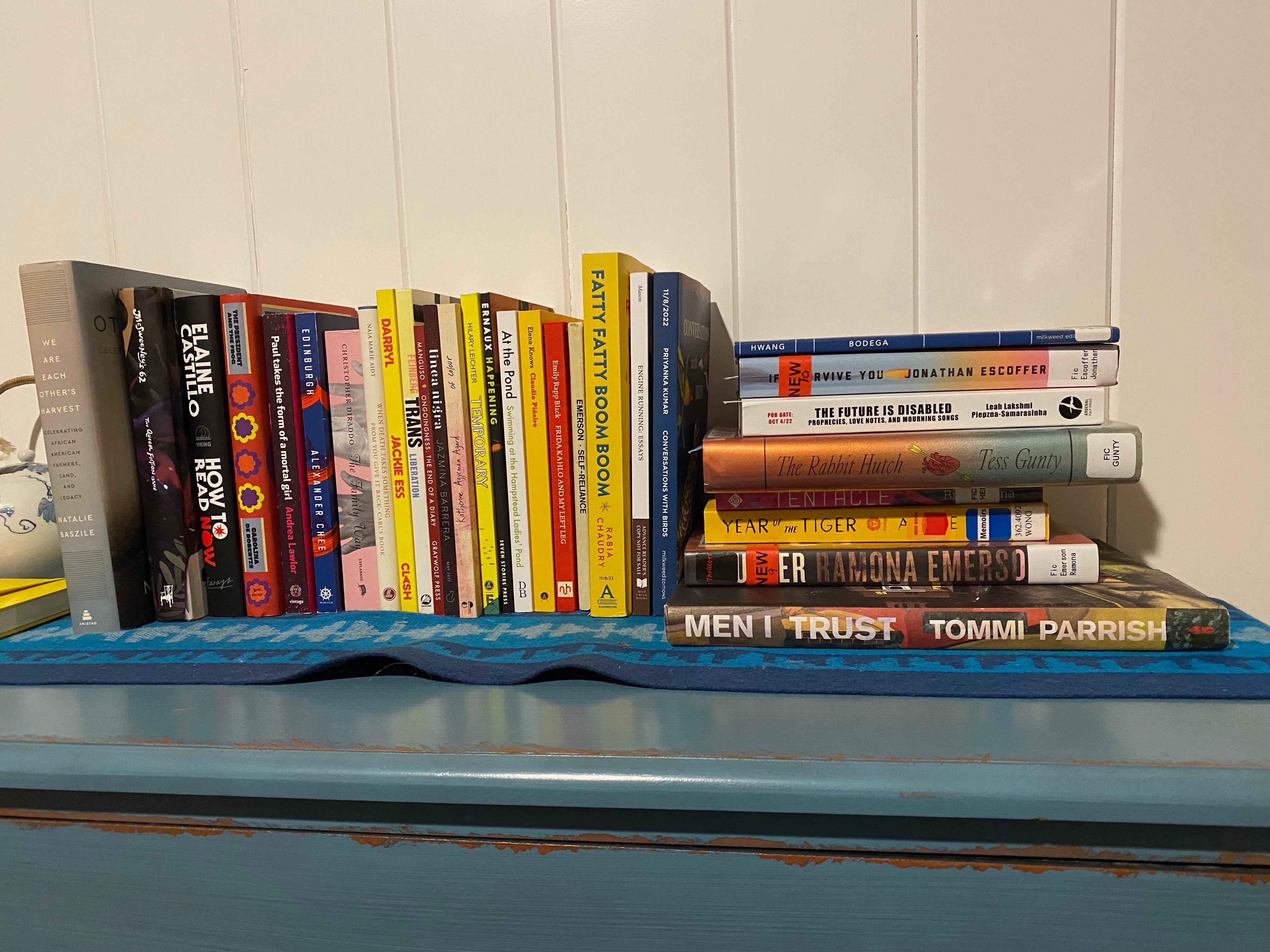 About 25 books lined up and stacked on top of each other on top of a blue dresser. They include: How to Read Now, Edinburgh, Paul Takes the Form of a Mortal Girl, Darryl, At the Pond, Fatty Fatty Boom Boom, The Rabbit Hutch, The Future Is Disabled, Shutter, Year of the Tiger, Men I Trust, and more.