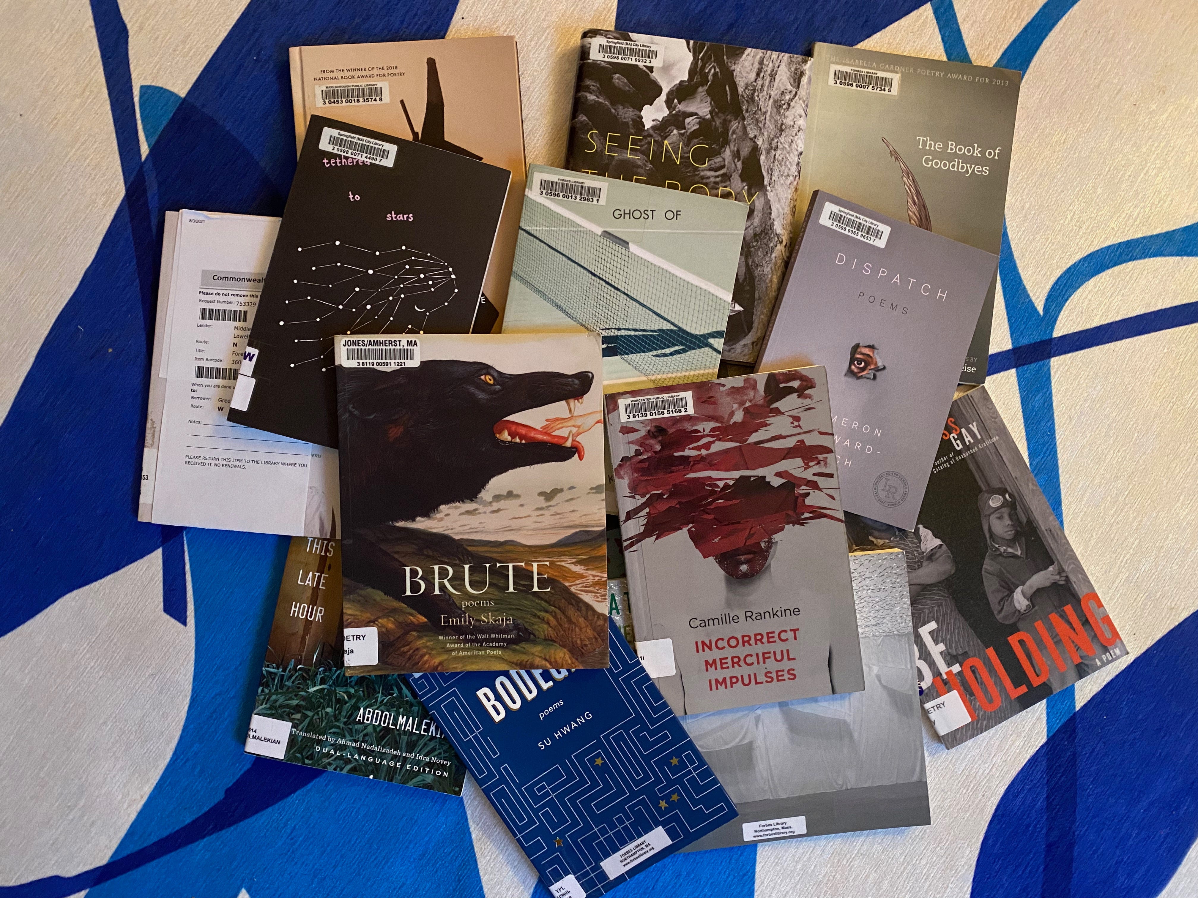 A pile of poetry books messily stacked on top of each other on a blue and white patterned rug.