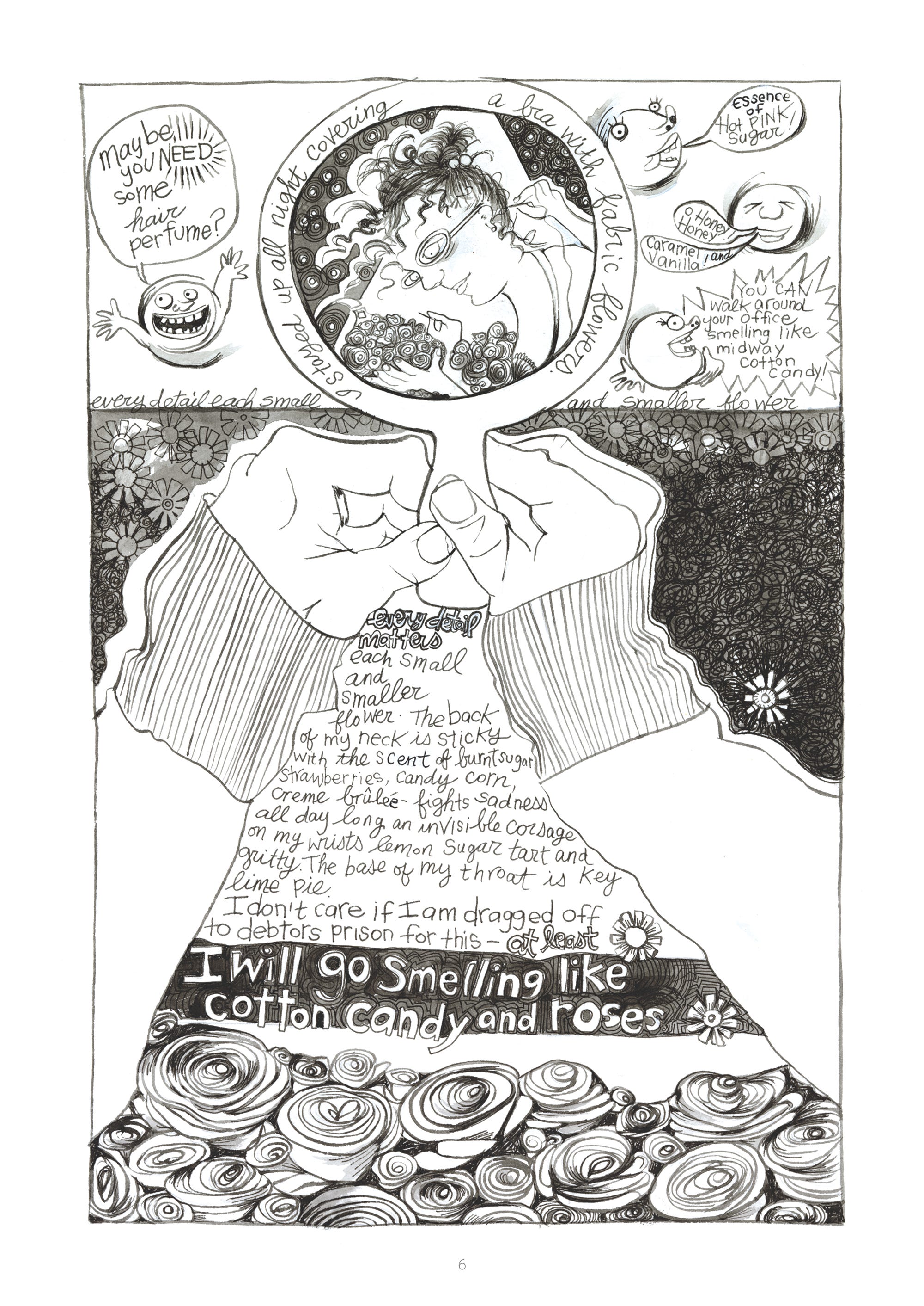 A black and white page from Red Rock Baby Candy. Two arms hold up a small mirror that shows a person’s face. There is text between the arms, as well as many small images of faces, flowers, and monsters around the borders of the page.