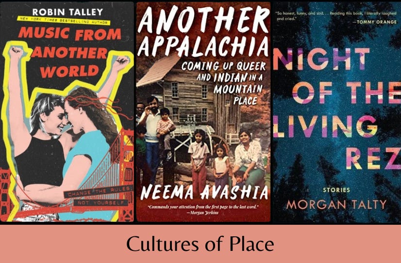 Covers of the three listed books in a row above the text “Cultures of Place” on a pink background.