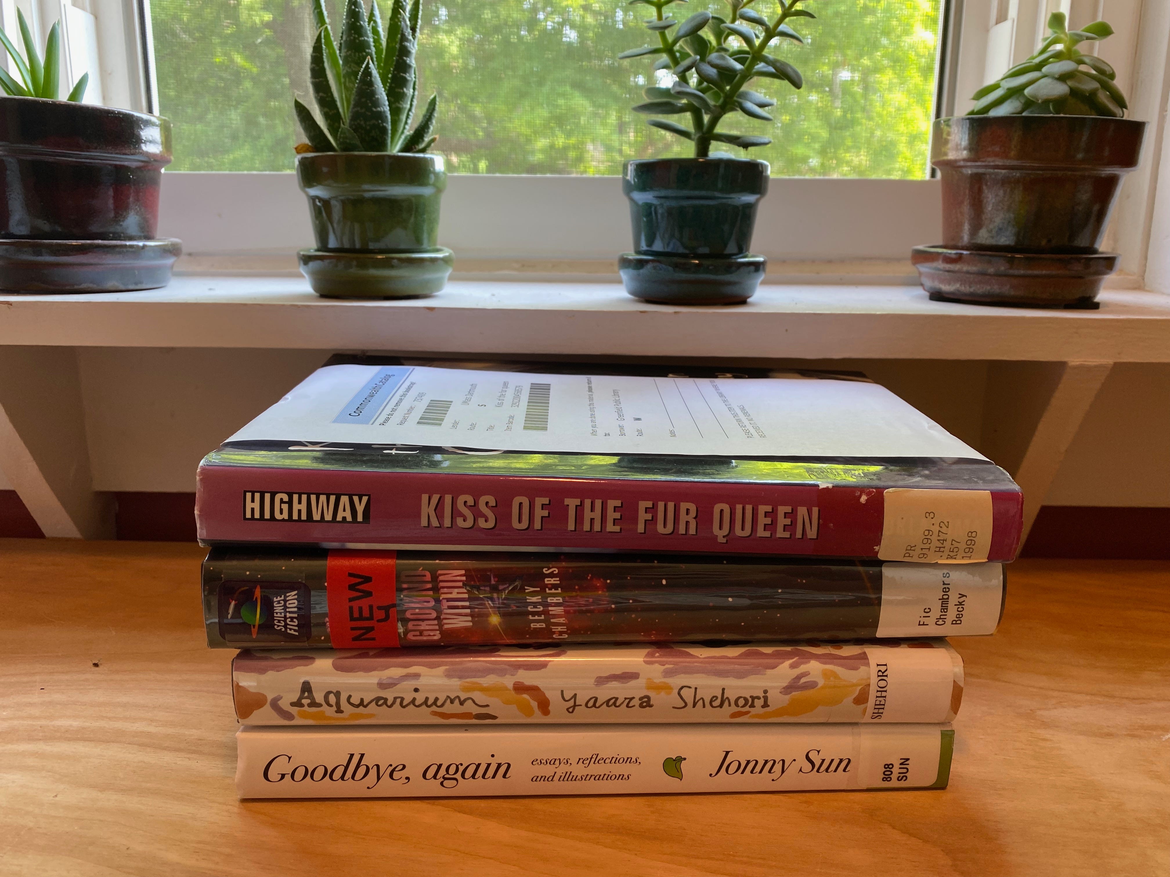 A stack of library books sits on a desk in front of a windowsill holding four small succulents in pots. The books are: Goodbye, Again, Aquarium, The Galaxy, and the Ground Within, and Kiss of the Fur Queen.