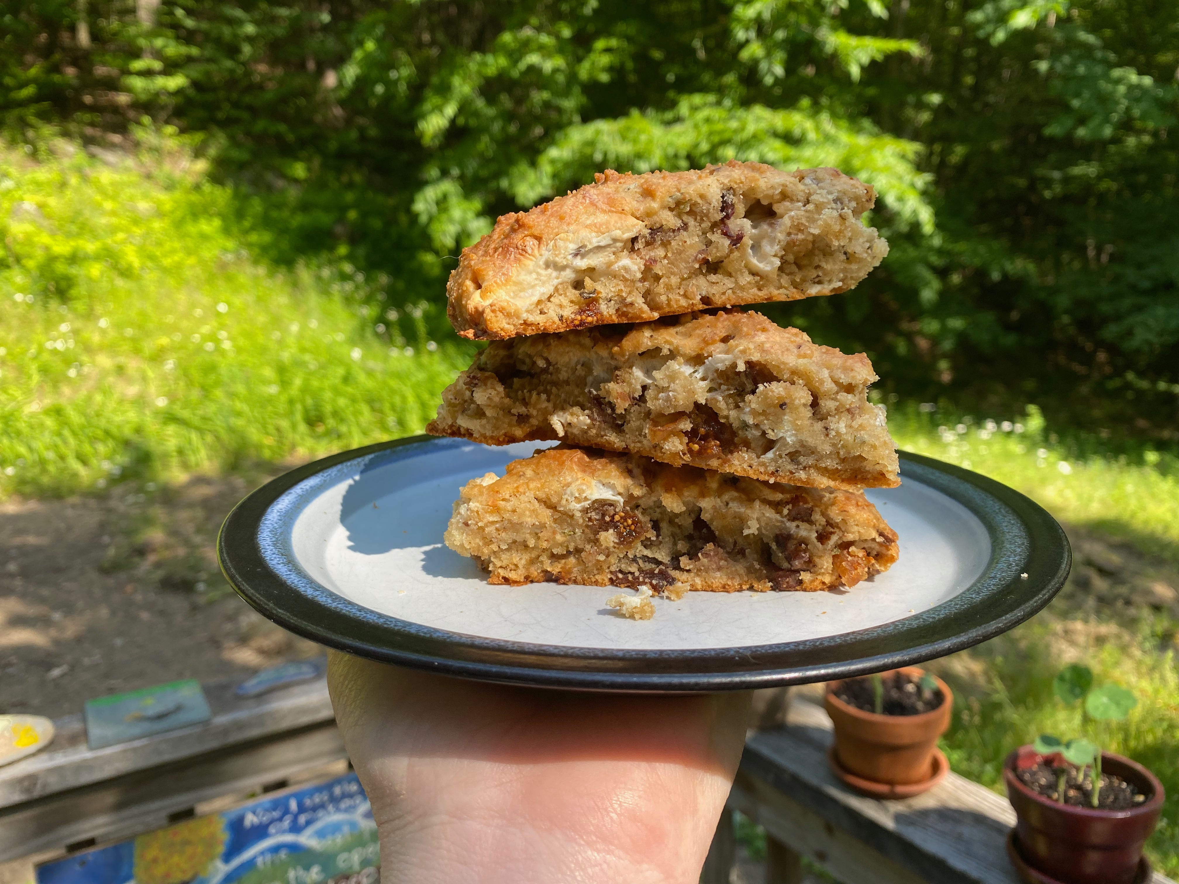 My hand holding a small plate of three triangular sconces stacked on top of each other, in front of a sunny green yard.