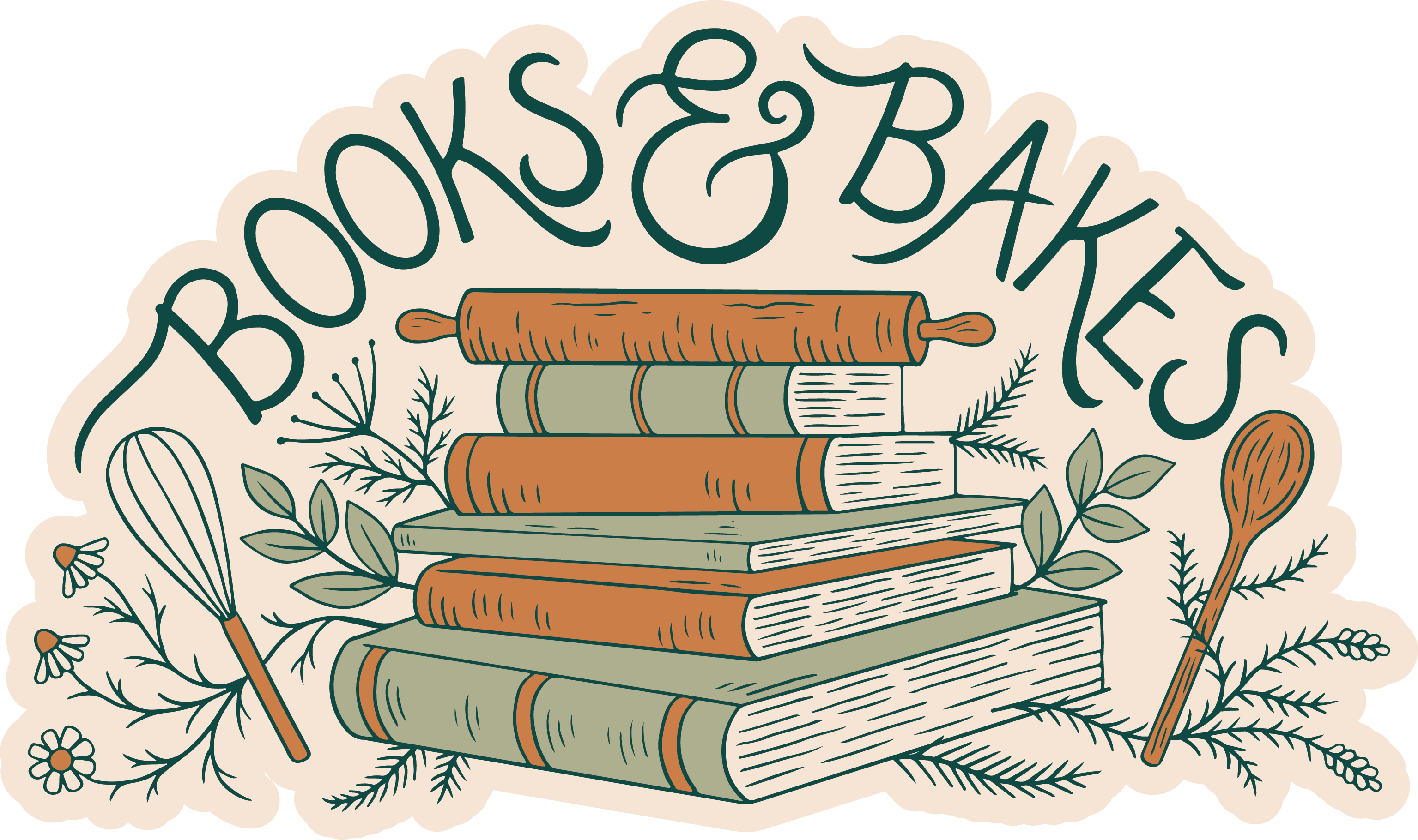 A roughly semi-circle shaped logo. Books & Bakes appears across the top in a curvy, dark green font. Beneath is a stack of brown and green books, with a rolling pin on top. Flowers, leaves, and herbs spill out from the books, twirling around a whisk on one side and a wooden spoon on the other.