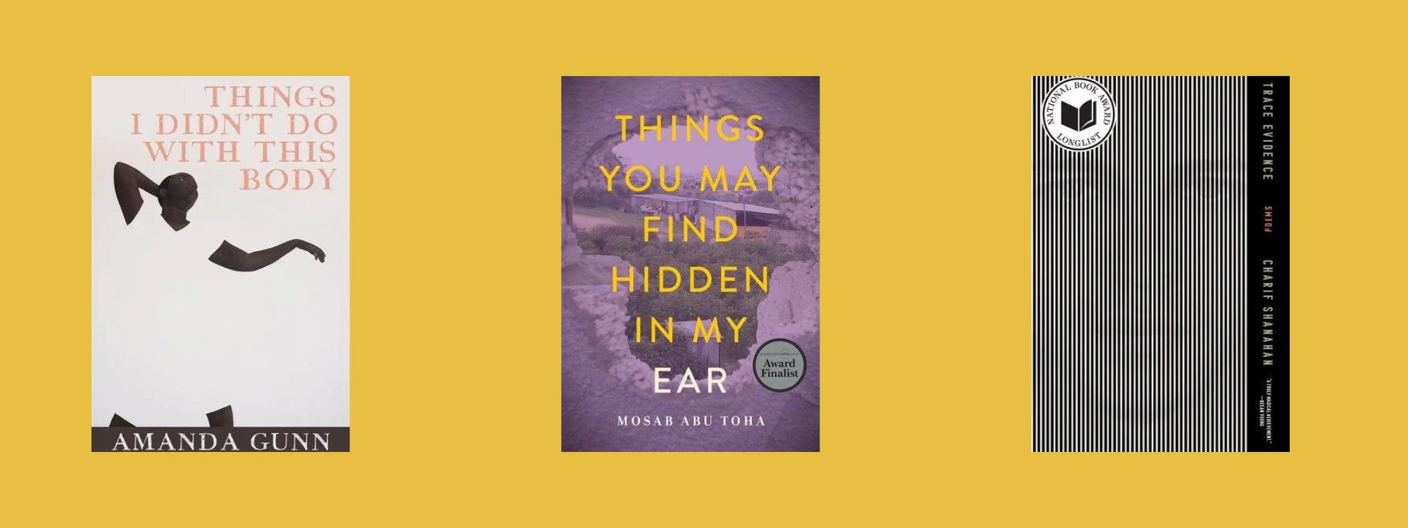 Cover images of the listed books on a yellow background.