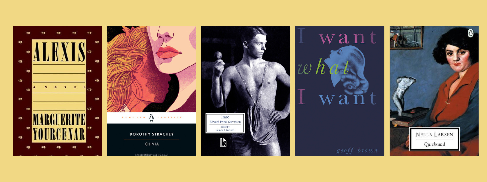 Small cover images of the listed books on a pale yellow background.