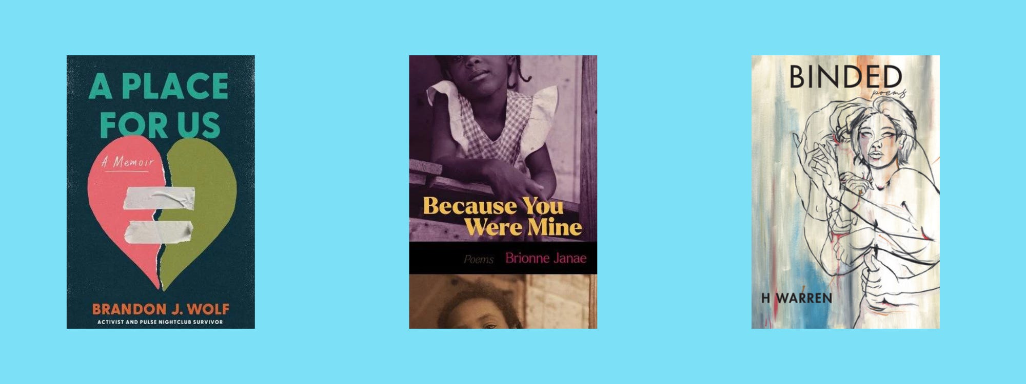 Small cover images of the listed books on a blue background.