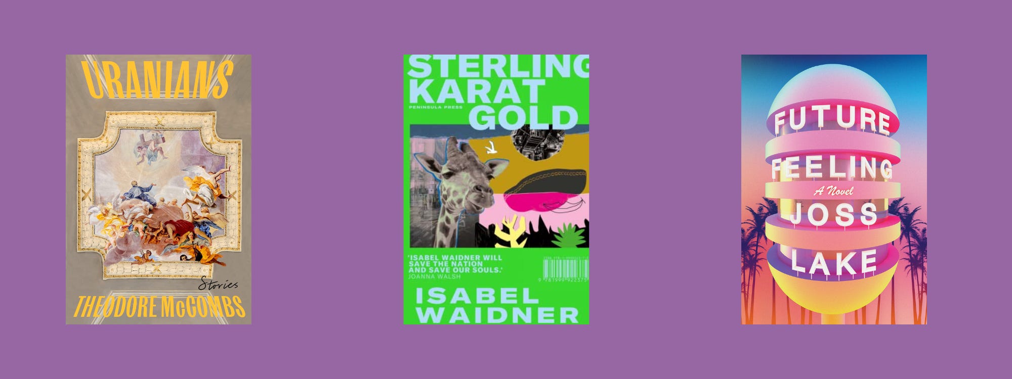 Small cover images of the listed books on a purple background.