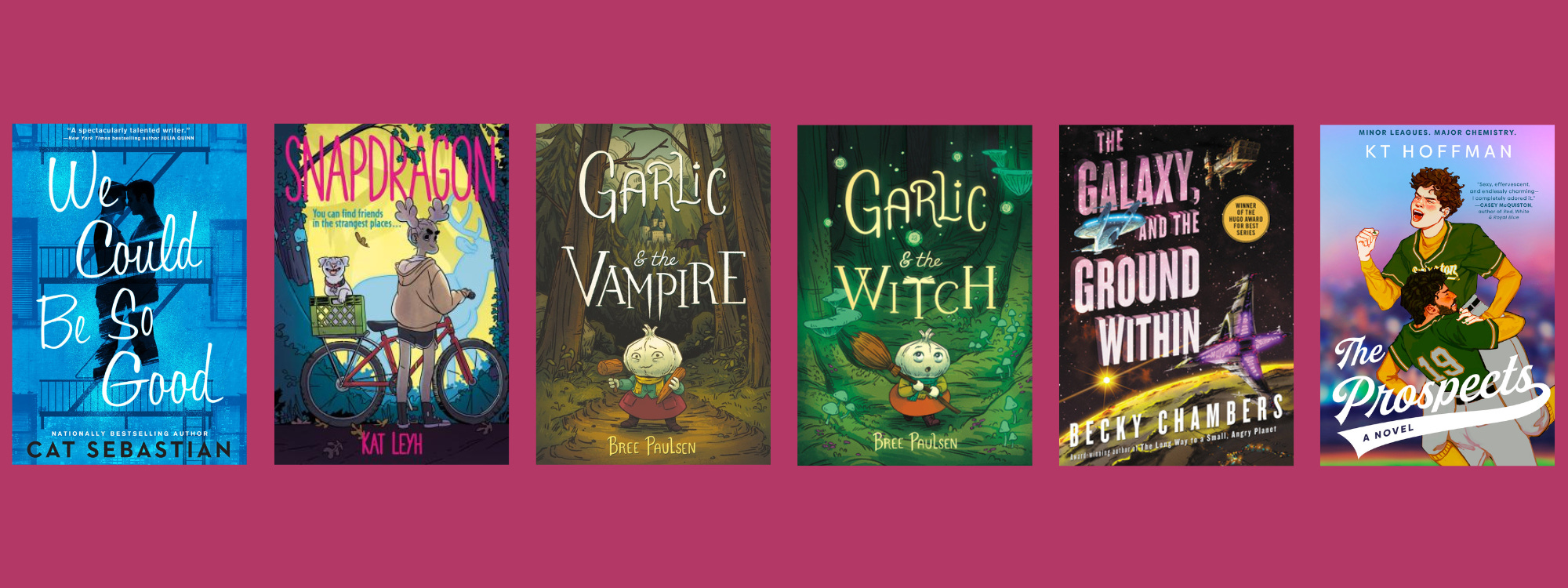 Small cover images of the listed books on a magenta background.