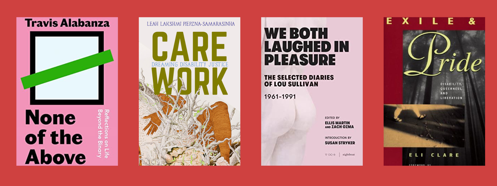 Small cover images of the listed books on a red background.