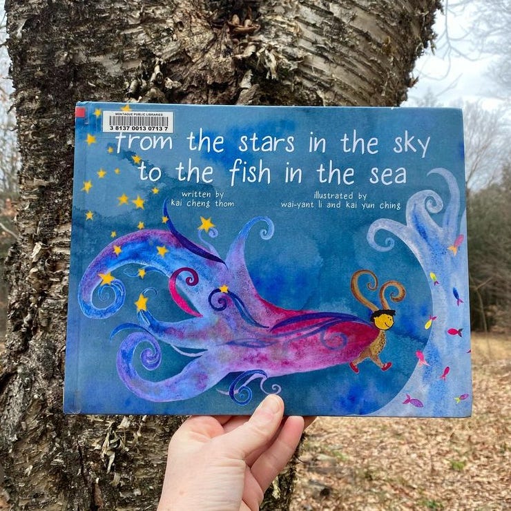 I’m holding up this book in front of a birch tree on a grey day.