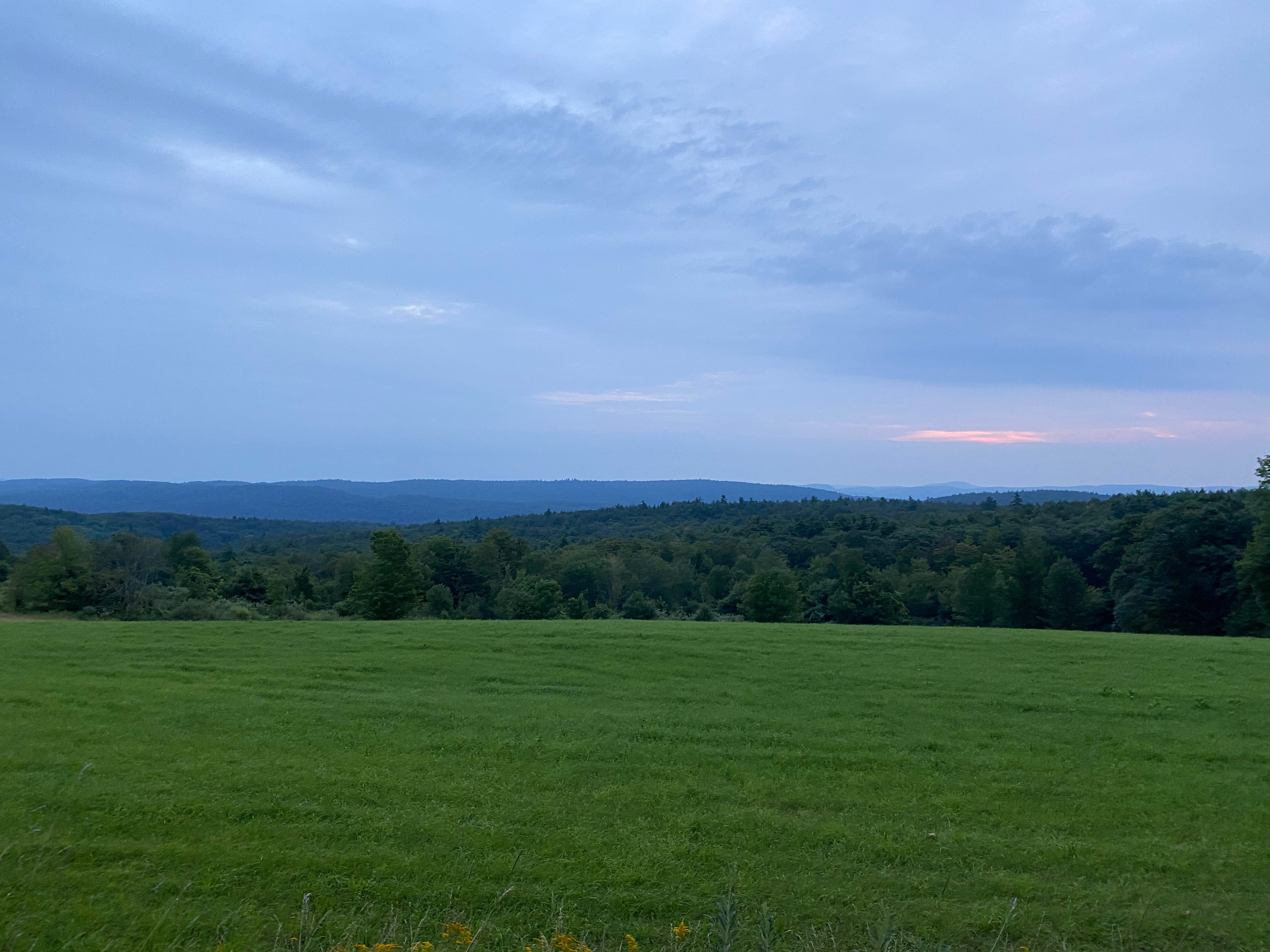 A green field under a cloudy blue and purple sky at sunrise. A sliver of orange from the rising sun is visible above a line of hills on the horizon.
