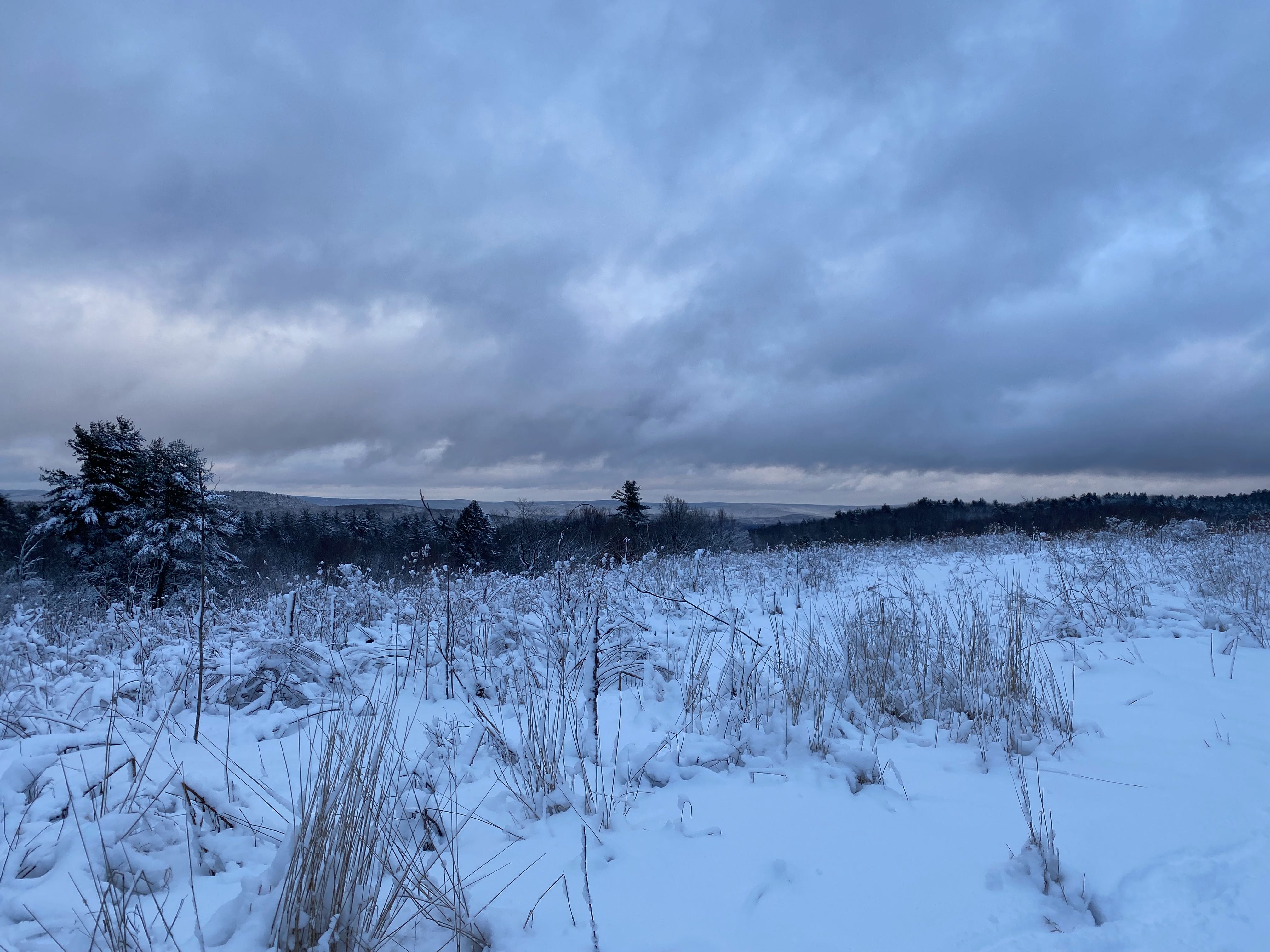 A snow covered ridge under a sky of slate grey clouds.