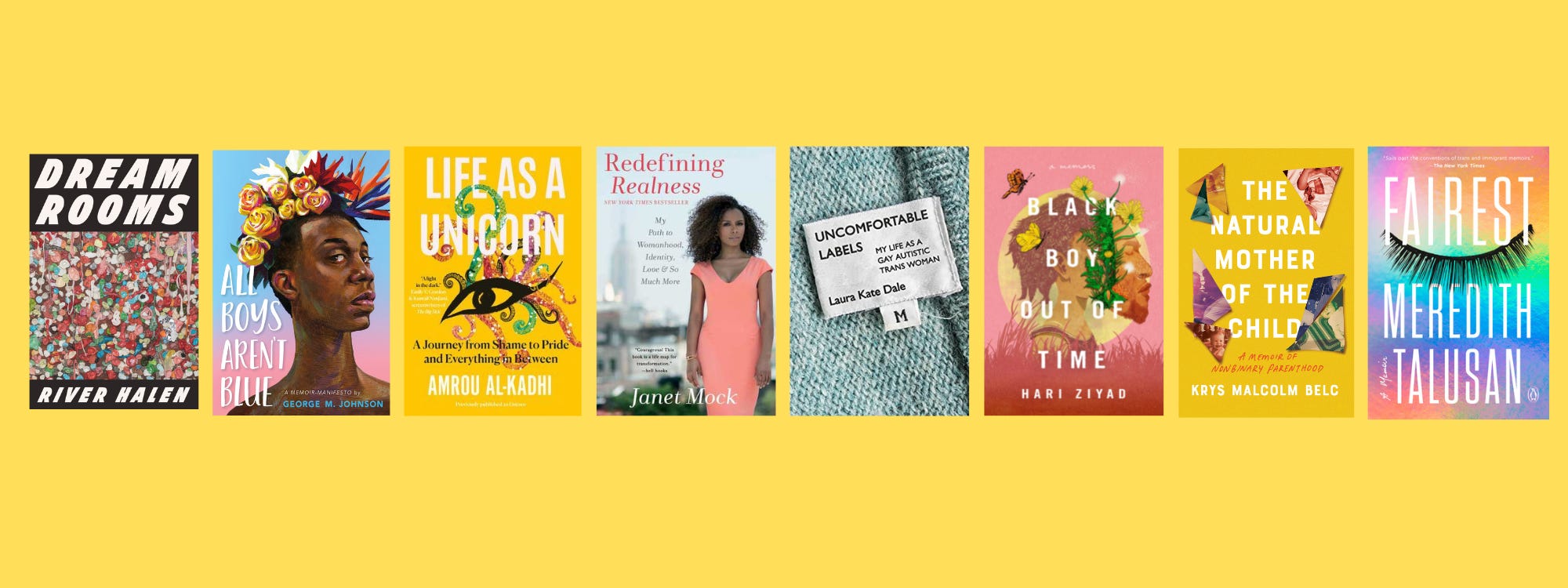 Small cover images of the listed books on a yellow background.