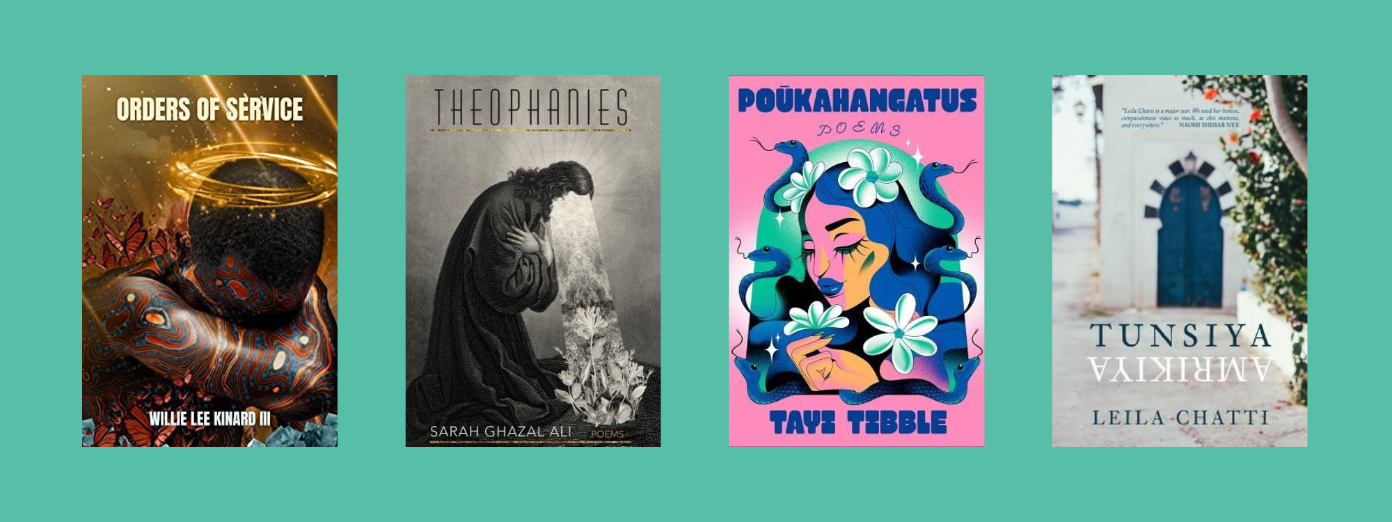 Small cover images of the listed books on a teal background.