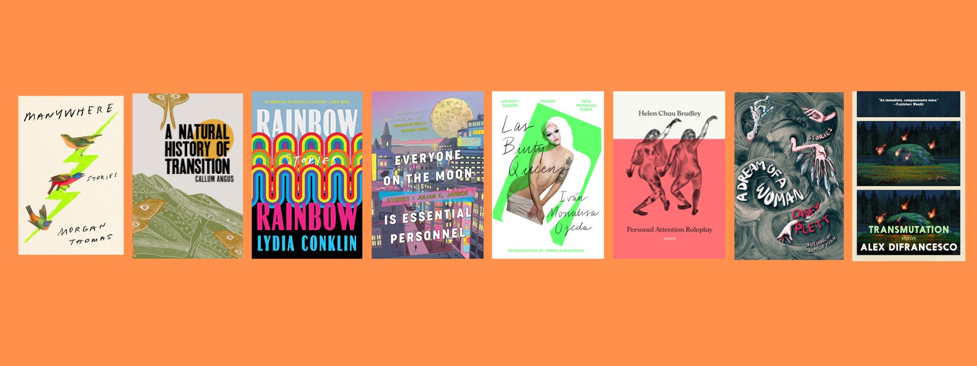 Small cover images of the listed books on an orange background.