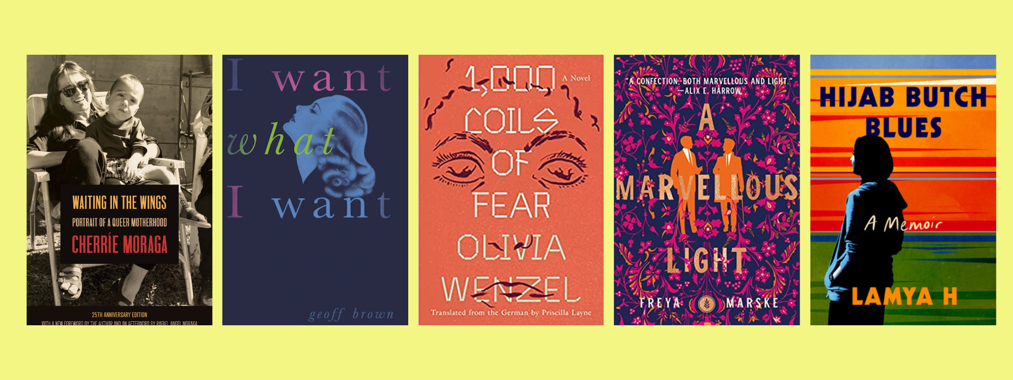 Images of the listed books in a row on a yellow background.