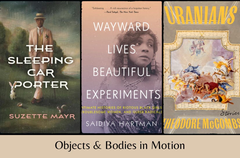 Small images of the three listed books in a row, above the text ‘Objects & Bodies in Motion’ on a grey background.