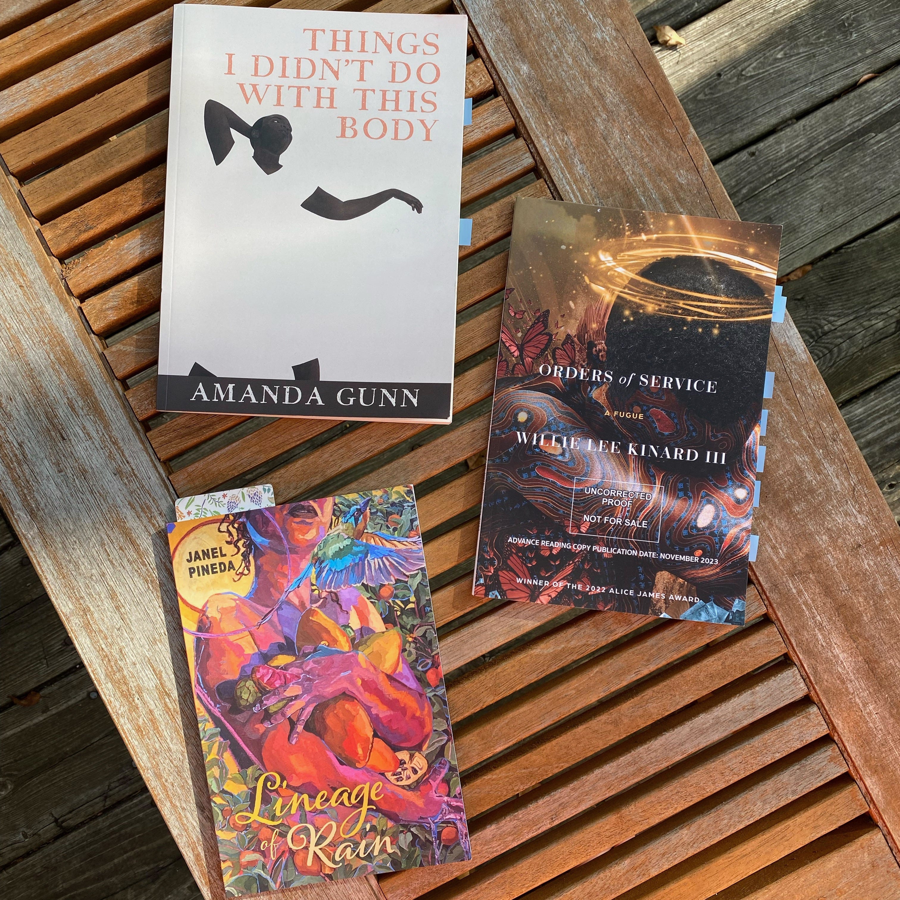 Things I Didn’t Do With This Body, Orders of Service, and Lineage of Rain lie on a slated porch table in the evening light.