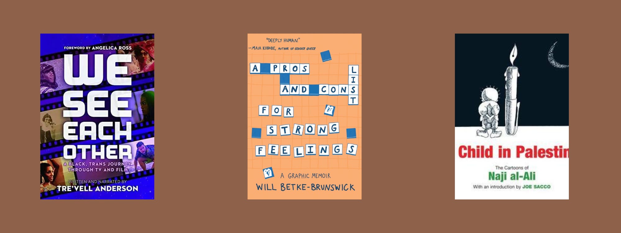 Small cover images of the listed books on a brown background.