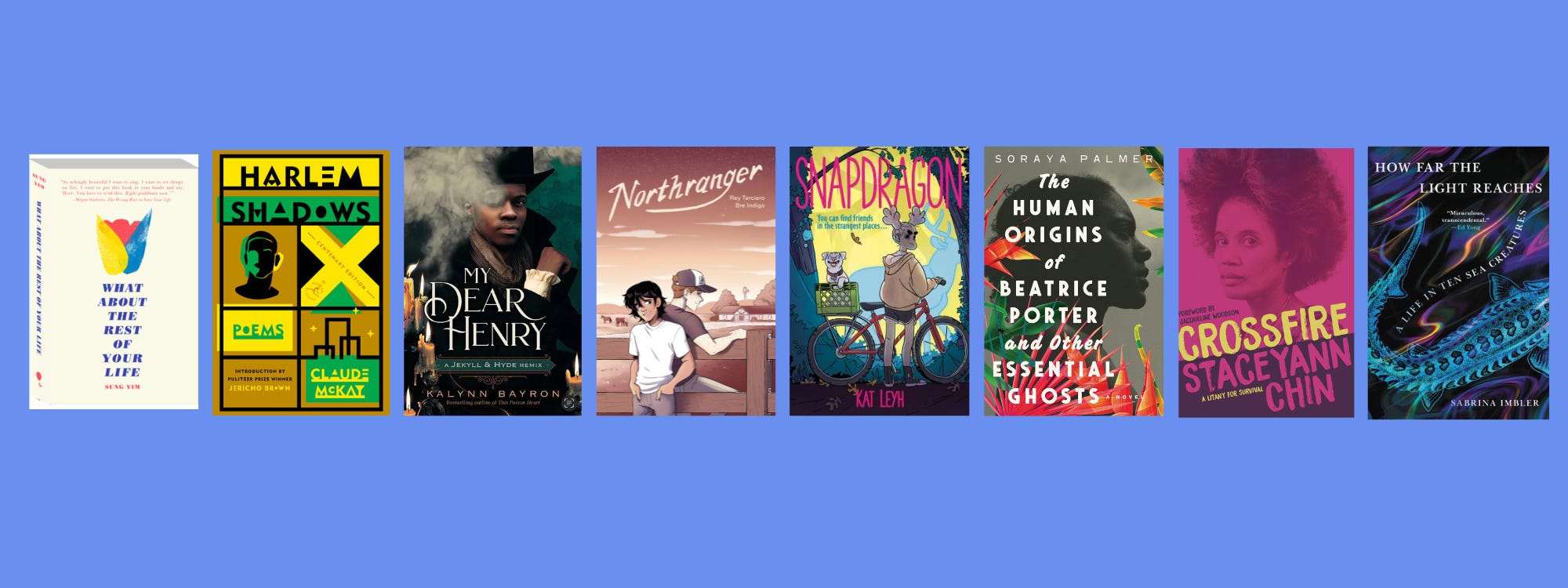 Images of the listed books in a row on a blue background.