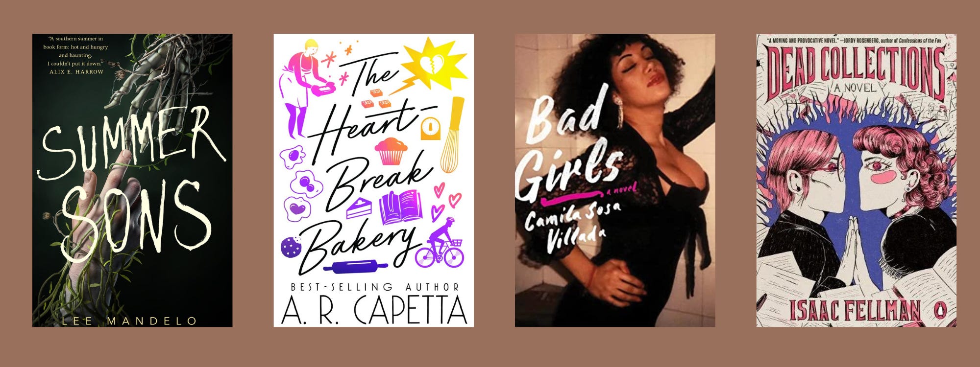 Small cover images of the listed books on a brown background.