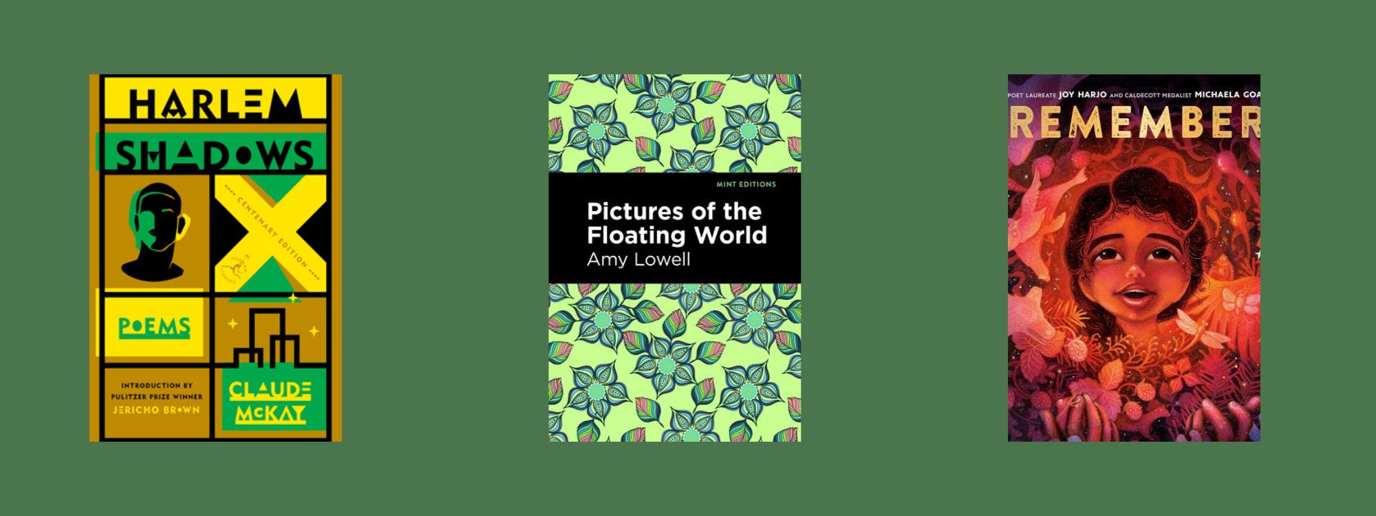 Small cover images of the listed books on a green background