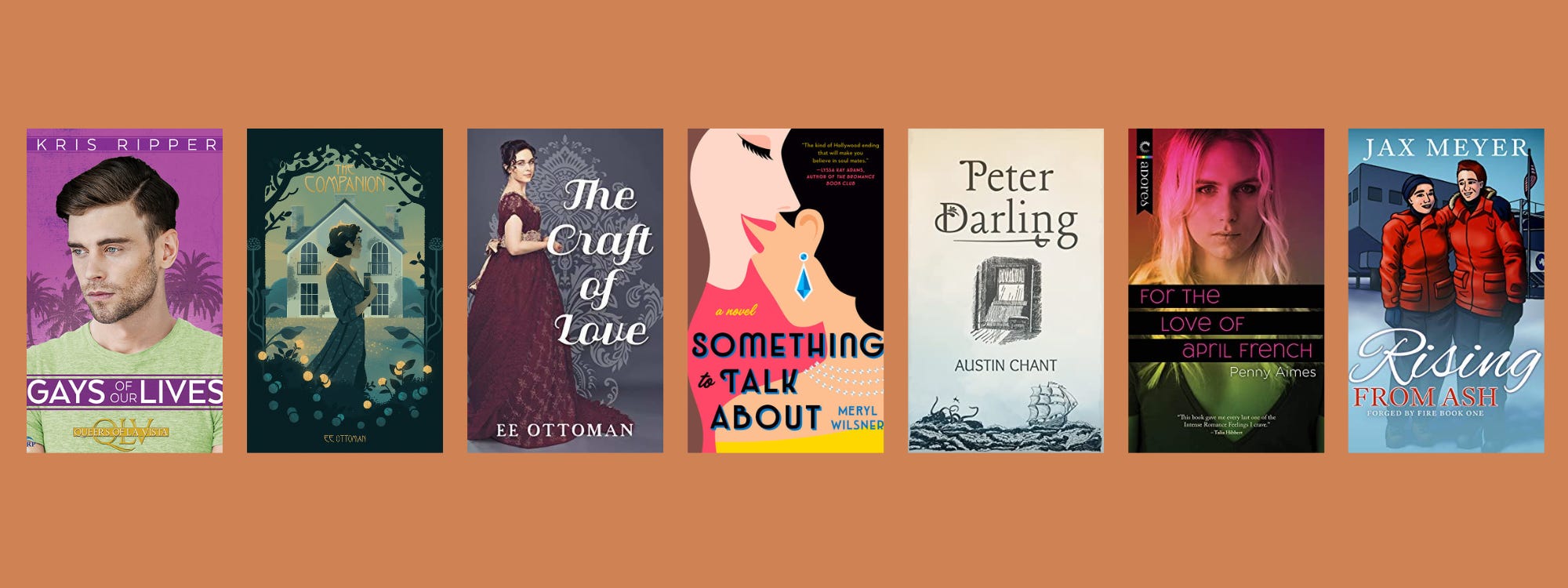 Small cover images of the listed books on a brown background.