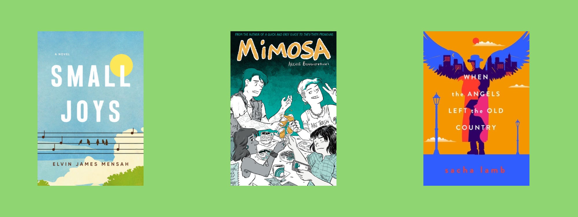 Cover images of the listed books on a green background.