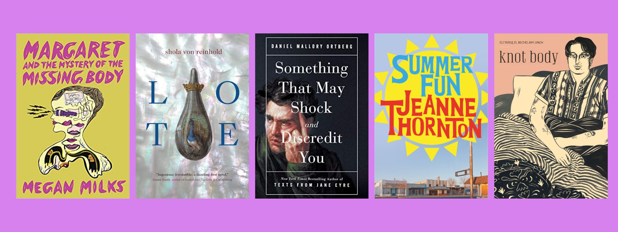 Small cover images of the listed books on a purple background.