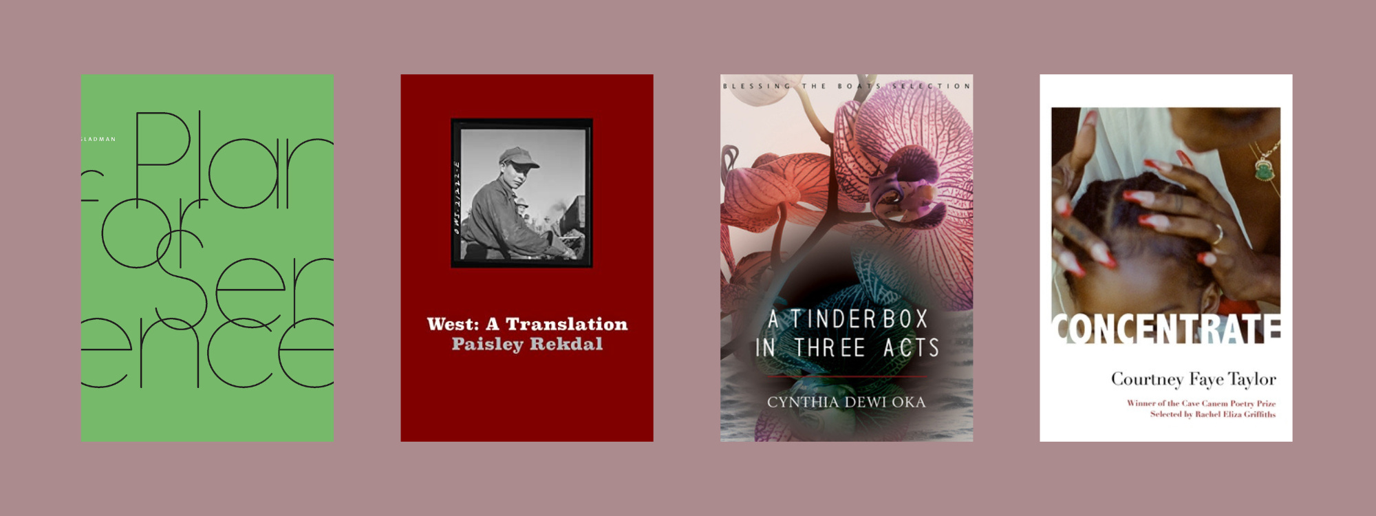 Small cover images of the listed books on a pale mauve background.