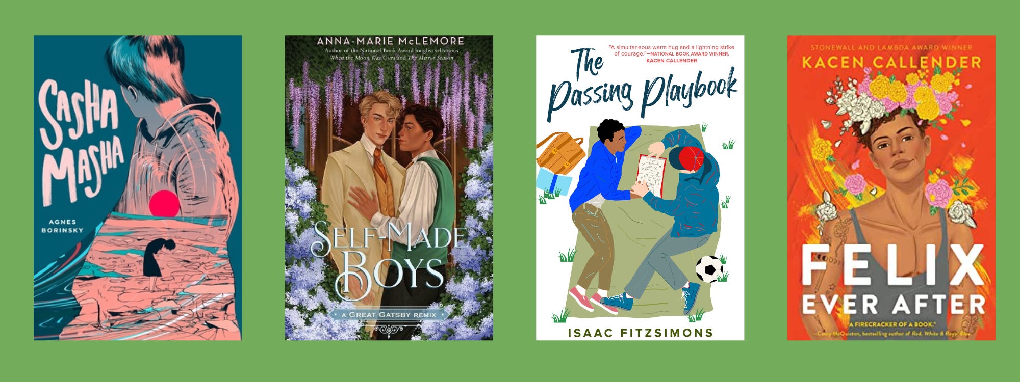 Small cover images of the listed books on a green background.