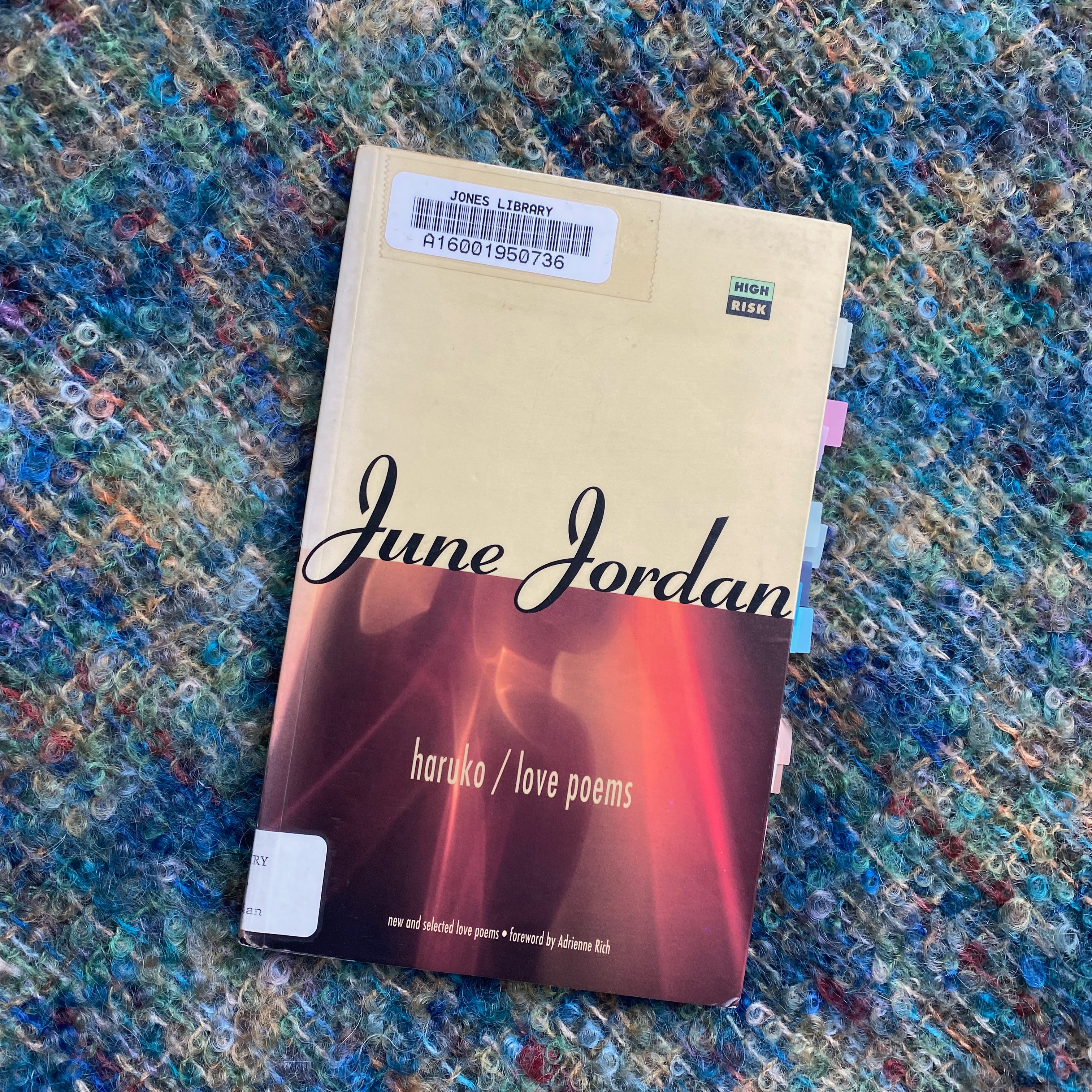 Haruko / Love poems on a green and blue woven blanket.