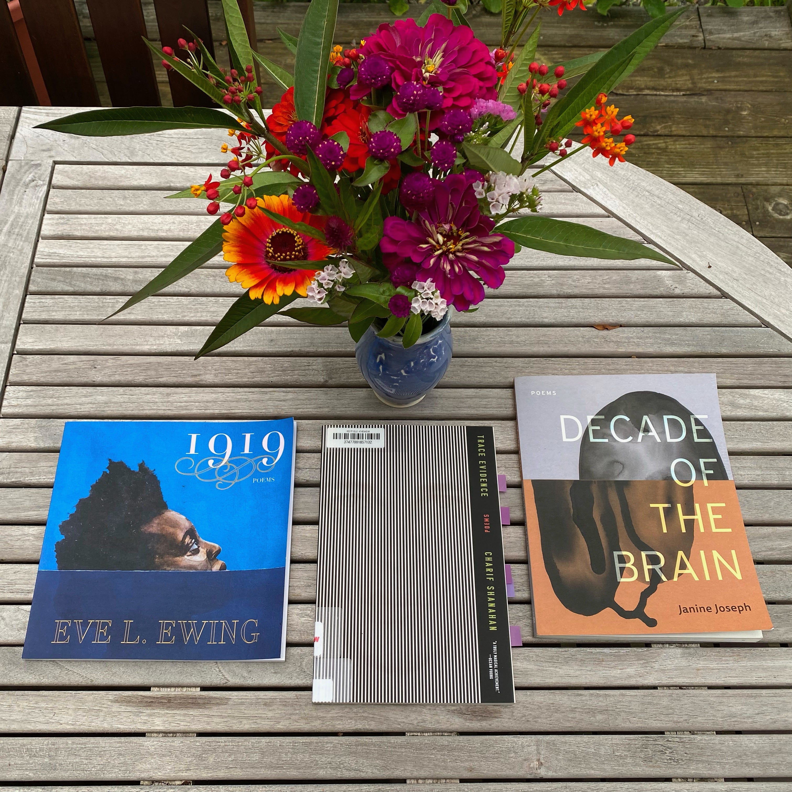 1919, Decade of the Brain, and Trace Evidence lie on my porch table next to a vase of flowers.