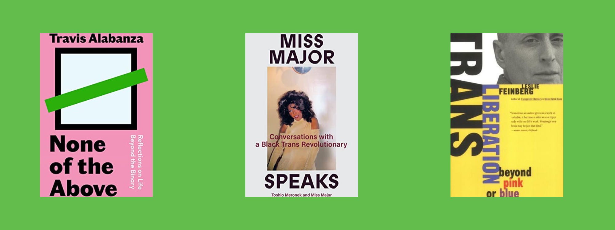 Small cover images of the listed books on a green background.