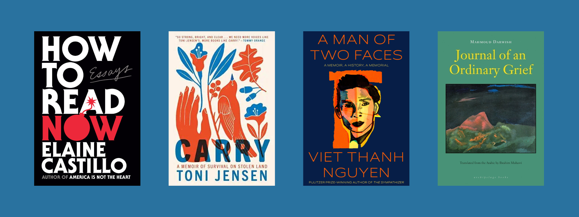 Small cover images of the listed books on a blue background.