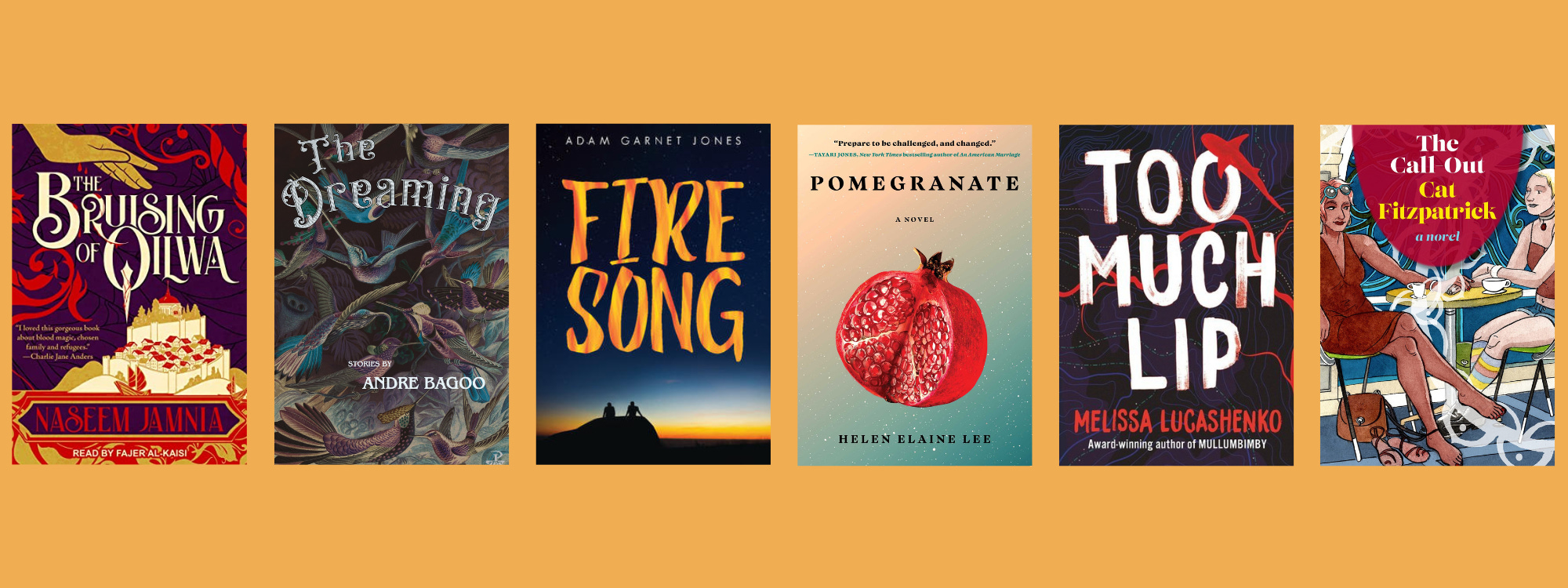 Cover images of the listed books on an orange background.