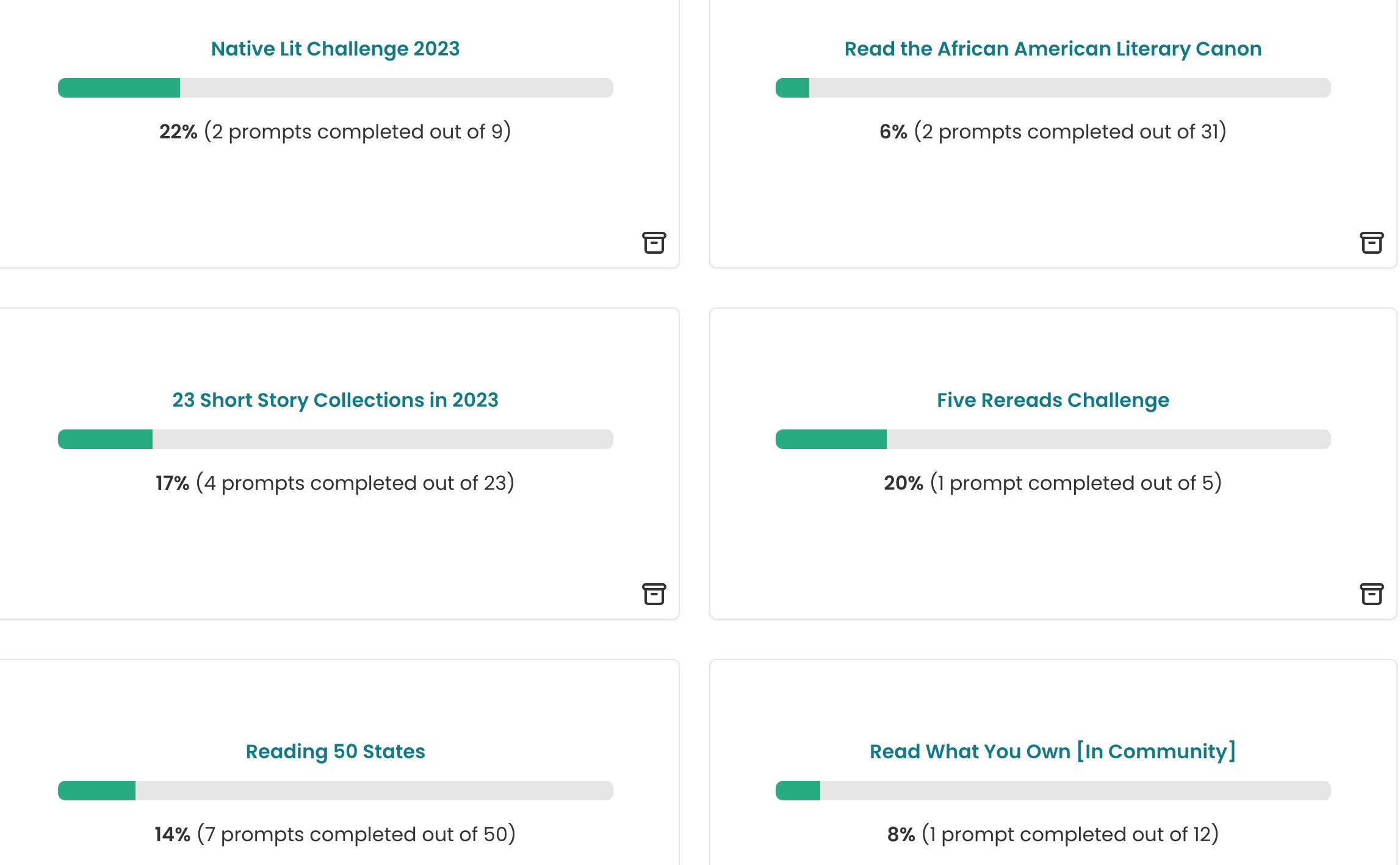 Screenshot of my Storygraph Reading Challenges page, showing 6 challenges I’m participating in: Native Lit Challenge, Read the African American Literary Canon, 23 Short Story Collections, Five Rereads Challenge, Read 50 States, and Read What You Own in Community.