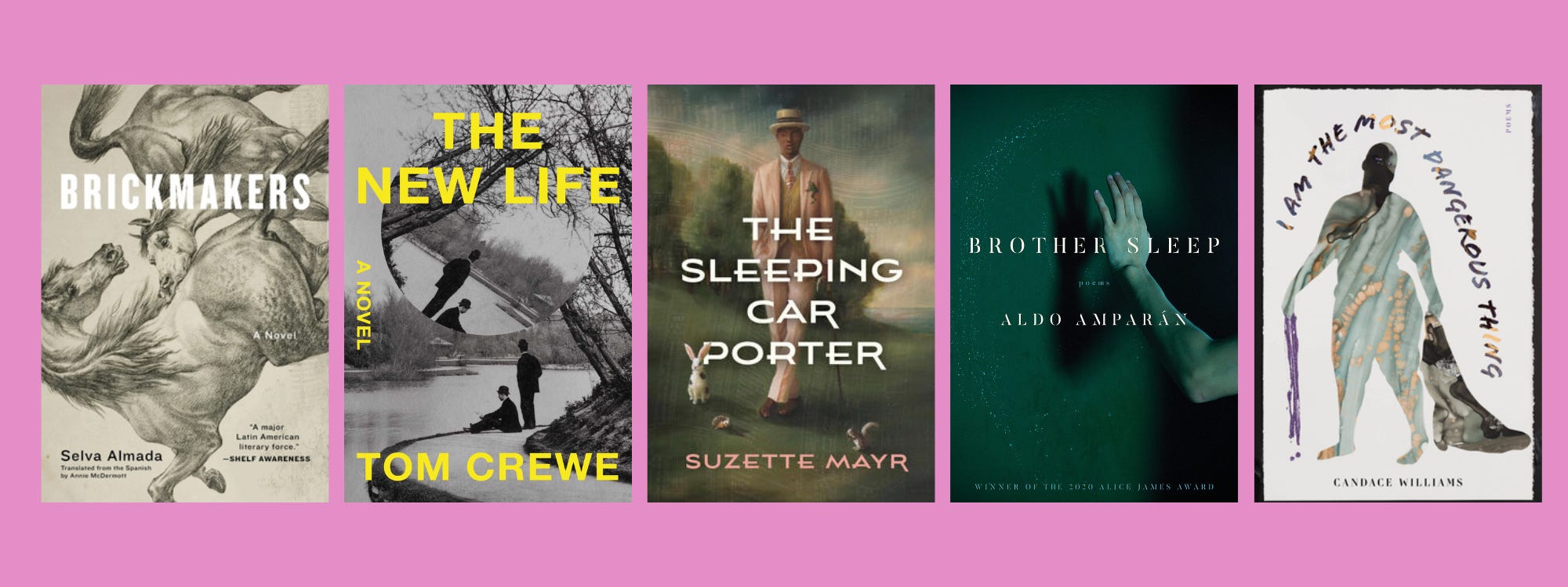 Images of the listed books in a row on a pink background.