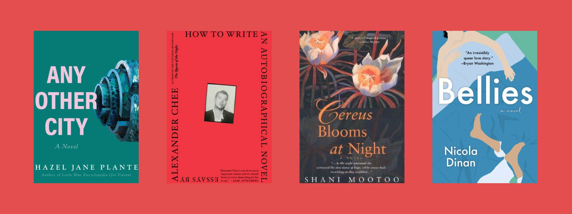 Cover images of the listed books on a red background.