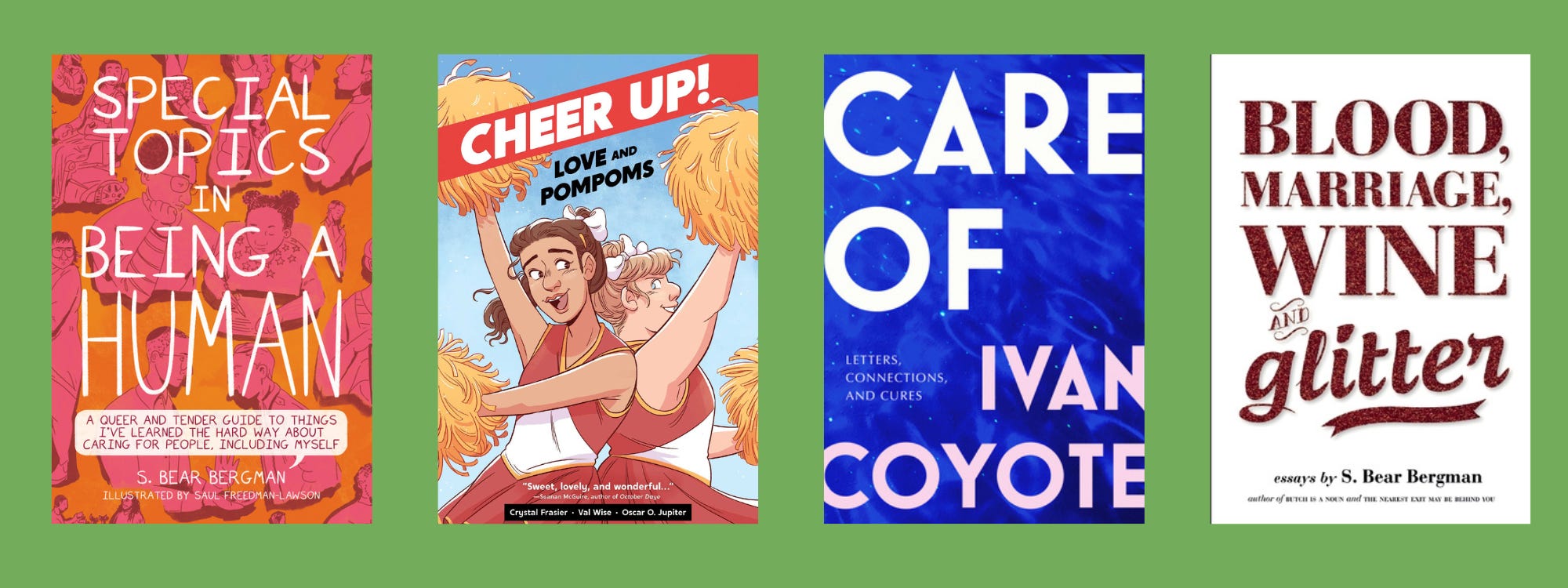 Small cover images of the listed books on a green background.