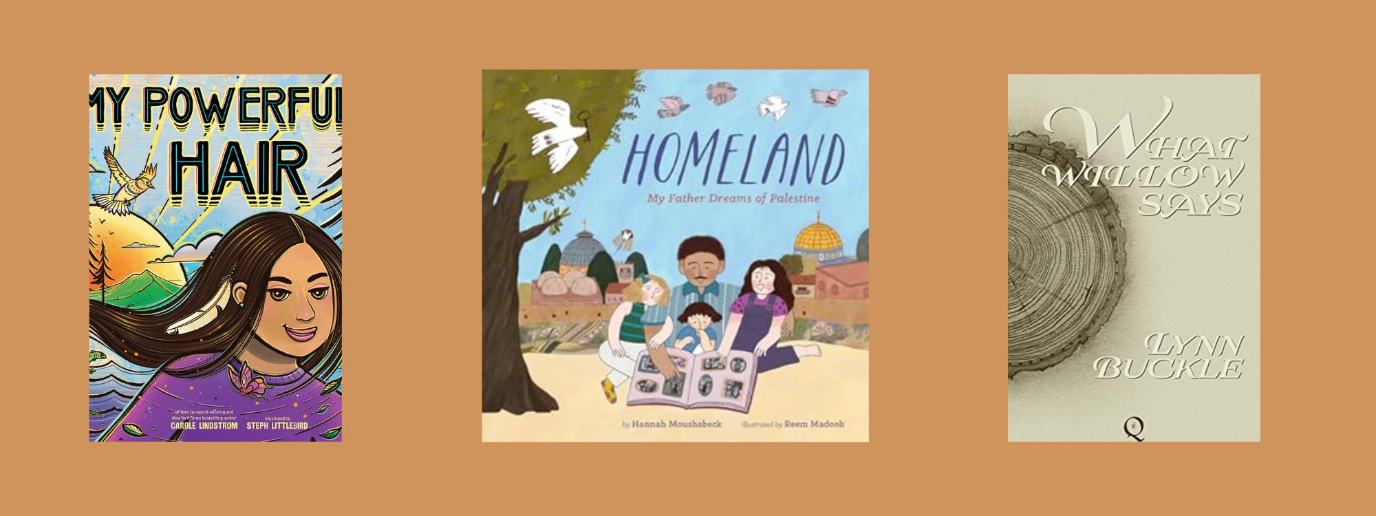 Small cover images of the listed books on a tan background.