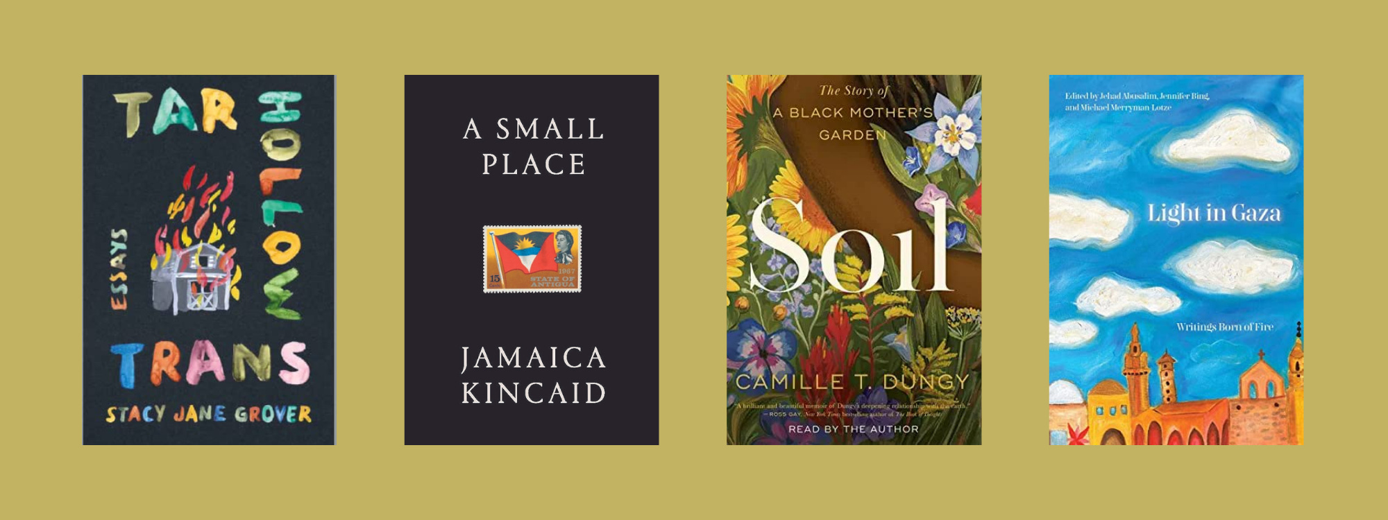 Small cover images of the listed books on a tan background.