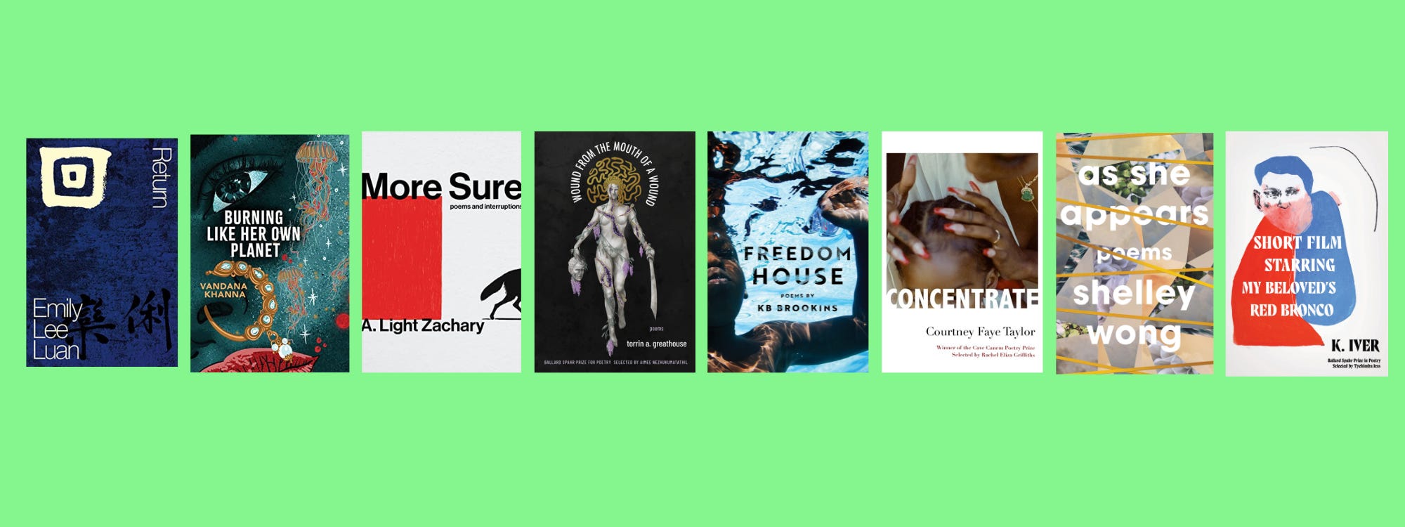 Cover images of the listed books on a green background.